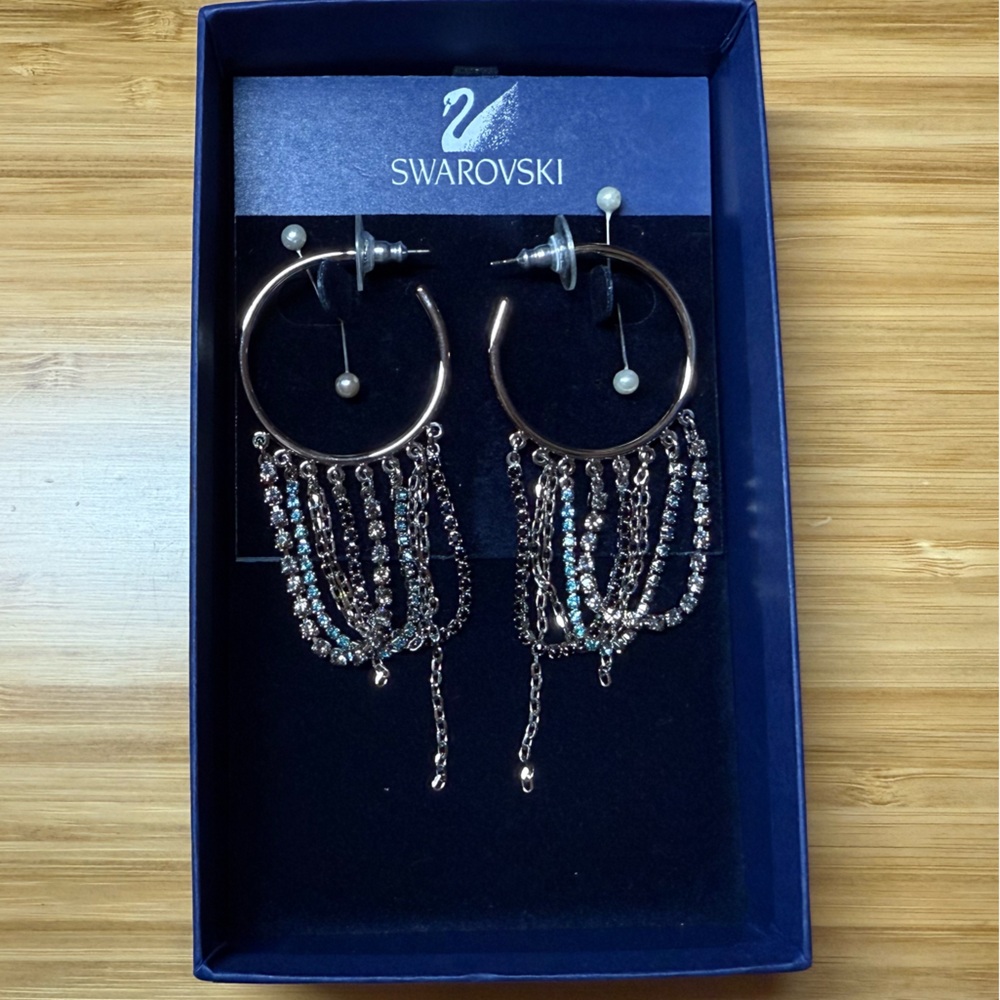 Swarovski Silver Hoop Earrings with Blue Crystal Strands